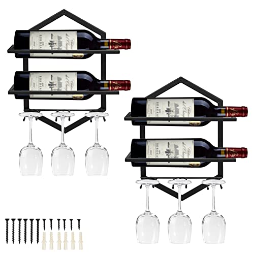 Giyiprpi Metall Wandmontierter Weinhalter Rack, Weinglashalter Hängend Stehen Organizer für 2 Flaschen und 3 Gläser inklusive, Weinregal Rotweinregal für Home Kitchen Bar Displaydekor (Schwarz 2) von Giyiprpi