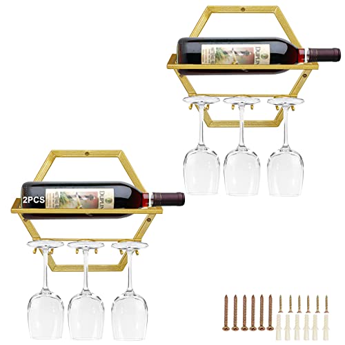 Giyiprpi Metall Wandmontierter Weinhalter Stemware Glass Rack, 2Pcs Hängendes Glas Weinregal Wandbehang Rotweinregal Organizer mit 3 Stielglashaltern für Home Kitchen Bar Displaydekor (Gold AA) von Giyiprpi