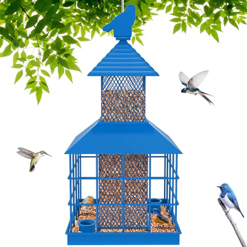 Käfigvogelfutterautomaten Eichhörnchen-sicher, Käfigröhren-Saatgutzuführer mit Metallkapazität und Tablett, Wildvogelfutterhäuschen für draußen hängend Locken Vögel an(Himmelblau) von Giyiprpi