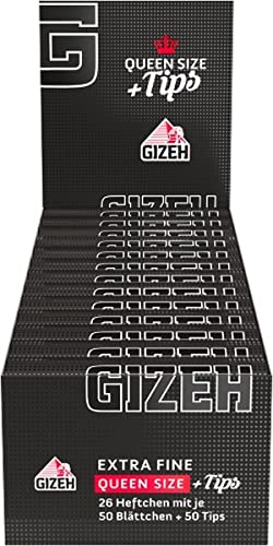 GIZEH Black Queen Size Papers + Tips, 50 dünne 1 ¼ Blättchen und perforierte Tips pro Heftchen 2 Boxen (52 Heftchen) von Gizeh