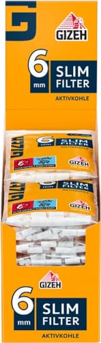 GIZEH Slim Filter Aktivkohle 6 mm Durchmesser – 20er Pack á 120 Filter in 15 mm Länge - Aktivkohle Filter in wiederverschließbaren Zip-Beutel mit Spender von Gizeh