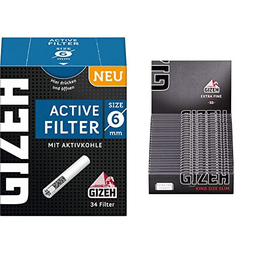 Gizeh Active Tips-Aktivkohlefilter mit Keramikkappen-10 x 34 Filter, Silber, smal & Black Pro 25 Heftchen à 34 King Size Slim Blättchen, Long Paper schwarz/lang von Gizeh