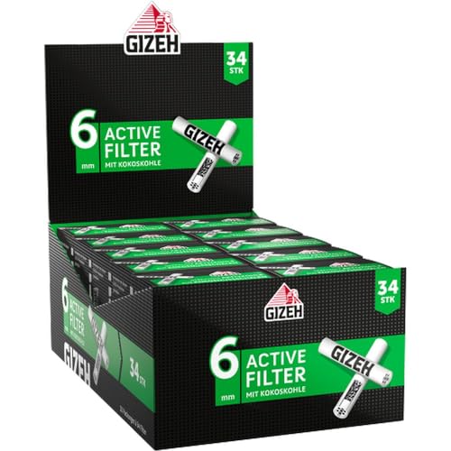 GIZEH BLACK Active Filter – Aktivkohlefilter slim 6 mm Durchmesser – Gizeh Filter mit Aktivkohle aus Kokosschale – Filter mit 27 mm Länge im 10er Pack á 34 Filter von Gizeh