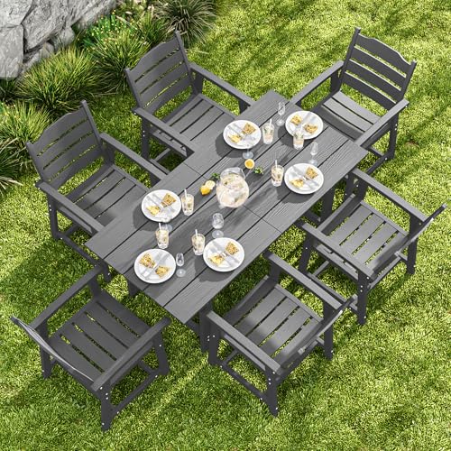 Gizoon 7-teiliges HIPS Terrassenmöbel-Set, Esstisch und Stühle für 6, Outdoor-Esstisch-Sets mit Schirmloch, Terrassen-Essgruppe für Garten, Hinterhof, Rasen, Grau von Gizoon