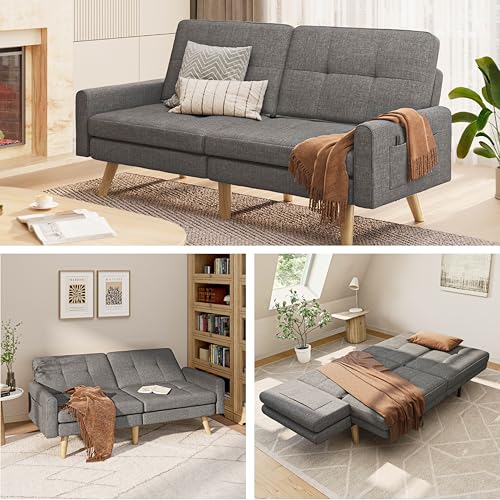 Gizoon Futon Schlafsofa, 180 cm, Futon-Couch mit verstellbarer Rückenlehne, abnehmbare Armlehne für erweiterte Länge, moderner Zweisitzer für Wohnzimmer, 6 Holzbeine, 2 Metallstützstangen, Dunkelgrau von Gizoon
