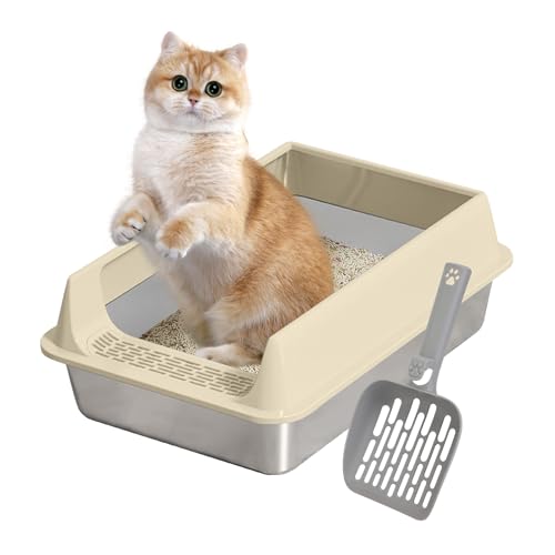 GjnjfdF Katzenklo,Edelstahl Katzenklo Spritzwassergeschützt Mit Schaufel - Antihaft Katzentoilette Zubehör für Große Mittelkleine Katzen Wohnung Garten Balkon von GjnjfdF
