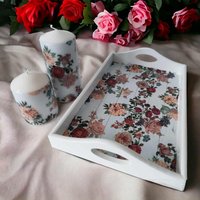 Handgefertigtes Geschenk-Set Kerzen Groß Sofa Holztablett Gewickelt Decoupage Kerze Kerzenständer Deko Grün Floral Rosen Blumen Design Geschenk von GkFineArtLovers