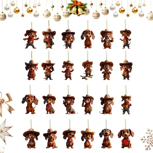 GkgWuxf 2025 Weihnachts Countdown Kalender | 24-Tägiger Countdown Kalender mit Dackel Anhängern | Acrylic 2D Flach Cowboy Outfit Erinnerungsstück für Kinder Jugendliche Erwachsene Freunde | Für von GkgWuxf
