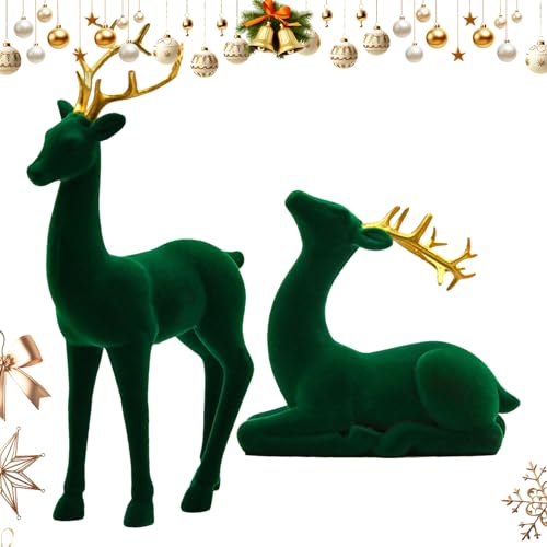 GkgWuxf Weihnachtshirsch - Beflockte Rentier-Figuren - 2 Stück Rote Und Grüne Ästhetische Stehende Und Sitzende Hirsch Statue Für Wohnzimmer Arbeitsplatz Nachttisch von GkgWuxf