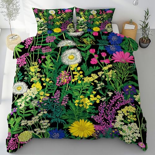 Gklnmcx Bettwäsche Wildblumen Pflanzenmuster 3teilig 135x200 Bettwäsche Set Löwenzahn Margeriten Weich Mikrofaser Bettbezug Bunt Floral Botanisch Mit Reißverschluss Und 2 Kissenbezug 80x80 von Gklnmcx