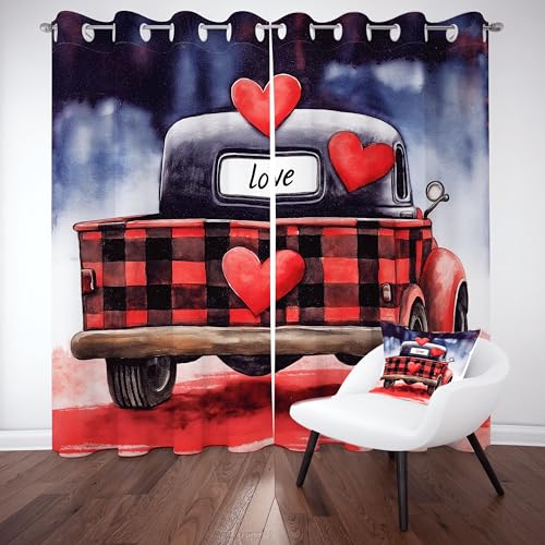 Gklnmcx Buffalo Plaid Vorhang Wohnzimmer, Truck Liebe Herz Gardinen Thermovorhang, Aquarell Kariert Vorhange Blackout Kälteschutz Blickdicht, Schlafzimmer 2er Set Mit Ösen, 210 x 132 von Gklnmcx