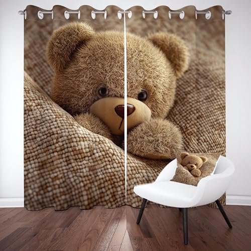 Gklnmcx Karikatur Bär Vorhang 175 x 140, Niedlich Bärenpuppe Vorhange, Cartoon Nette Tiermotiv Gardinen, 2er Set Verdunklungsvorhang Kälteschutz Thermogardine Blickdicht Curtain Ösen von Gklnmcx