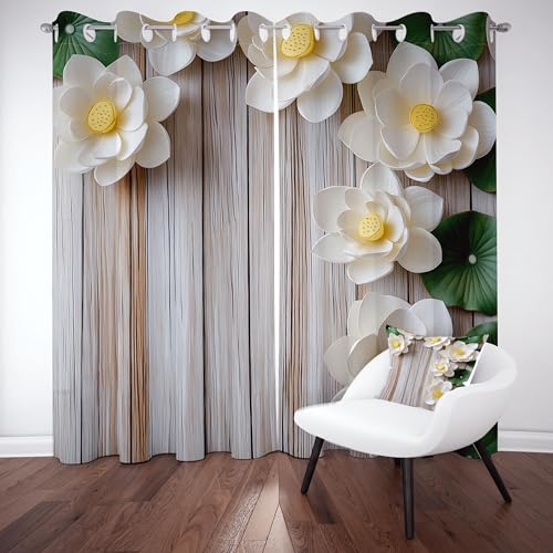 Gklnmcx Lotus Floral Vorhang 175 x 140, Pflanzen Blätter Vorhange, Holzmaserung Rustikal Gardinen, 2er Set Verdunklungsvorhang Kälteschutz Thermogardine Blickdicht Curtain Ösen von Gklnmcx