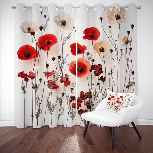 Gklnmcx Mohnblume Vorhang Für Kinderzimmer, Natur Floral Verdunklungsvorhang 2er Set, Pflanzen Aquarell Gardinen Ösen, Wohnzimmer Schlafzimmer, Blackout Vorhange, 137 x 132, 2er Set von Gklnmcx