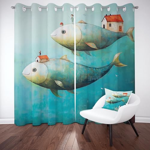 Gklnmcx Nette Fisch Vorhang 175 x 140, Karikatur Marine Tier Vorhange, Aquarell Unterwasserwelt Gardinen, 2er Set Verdunklungsvorhang Kälteschutz Thermogardine Blickdicht Curtain Ösen von Gklnmcx