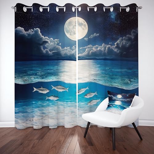 Gklnmcx Ozean Fisch Vorhang Für Kinderzimmer, Küste Beach Mond Verdunklungsvorhang 2er Set, Natur Landschaft Gardinen Ösen, Wohnzimmer Schlafzimmer, Blackout Vorhange, 137 x 132, 2er Set Gklnmcx Ozean Fisch Vorhang Für Kinderzimmer, Küste Beach Mond Verdunklungsvorhang 2er Set, Natur Landschaft Gardinen Ösen, Wohnzimmer Schlafzimmer, Blackout Vorhange, 137 x 132, 2er Set von Gklnmcx