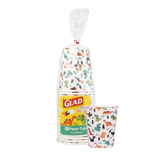 Glad Dinosaurier-Pappbecher für Kinder, 20 Stück, weiße Pappbecher mit Dinosaurier-Design für Kinder, robuste Einweg-Pappbecher für den Alltag, 266 ml, 20 Stück, Dinosaurier-Geburtstagszubehör, von Glad