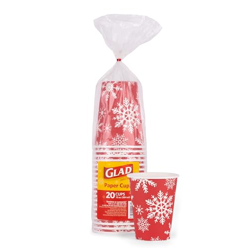 Glad Everyday Einweg-Pappbecher mit rotem Schneeflocken-Design, robuste Pappbecher, Pappbecher für alle Getränke und den täglichen Gebrauch, rote Schneeflocken-Urlaubs-Design, 340 ml, 20 Stück von Glad