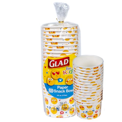 Glad Mini-Snackschalen aus Papier mit Emoji-Druck, Deckel nicht im Lieferumfang enthalten, Einweg-Snackbecher mit Emojis für Kinder, strapazierfähig, 170 ml, 20 Stück, 10 Stück von Glad