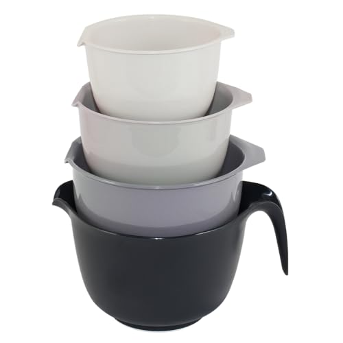 Glad Rührschüsseln mit Ausgießer, 4 Stück, stapelbare Kunststoffschalen (1,2 qt, 1,9 qt, 2,8 qt und 3 qt mit Griff), rutschfester Boden, spülmaschinenfest, Küchen-Koch- und Backzubehör, Grau von Glad
