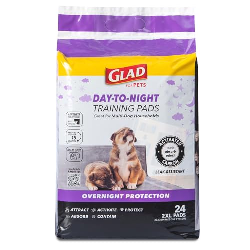 Glad for Pets Day to Night Aktivkohle-Welpen-Trainingspads für Hunde mit Wandschutz und Klebstoff, super saugfähige und auslaufsichere Einweg-Hundetrainingspads, 76,2 x 91,4 cm, 24 Stück Glad for Pets Day to Night Aktivkohle-Welpen-Trainingspads für Hunde mit Wandschutz und Klebstoff, super saugfähige und auslaufsichere Einweg-Hundetrainingspads, 76,2 x 91,4 cm, 24 Stück von Glad