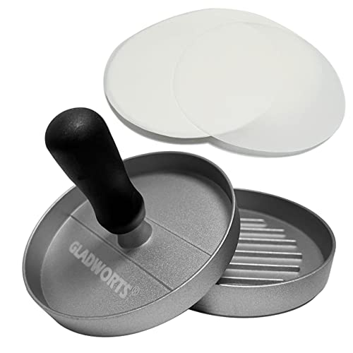 Gladworts Burgerpresse Antihaft + 100 Backpapier, Burger Pattie Presse Hamburger Patty Maker-Backform-Set für BBQ-Grill, Ø 12 cm von Gladworts