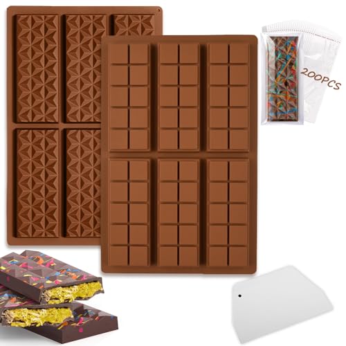 Glamifyr 2 Stück Form für Dubai Schokolade, Schokoladenform Silikon Silikonform Schokolade Schokoladenform Dubai Schokolade Form, Schokoladenform Tief Mit 1 Schaber und 200 Stück Beuteln von Glamifyr