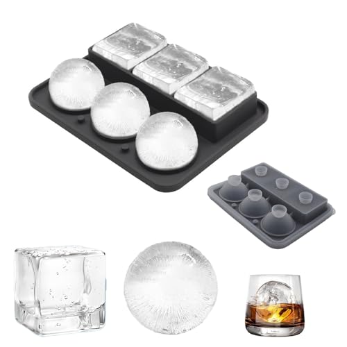 Glamifyr Silikon Eiswürfelform Kugel und Würfelform(55mm), 50mm Runde Eiswürfelform mit Deckel ice, 6-Fach Eiswürfelbehälter mit Deckel BPA Frei Eiswürfel Form für Whisky Cocktails Saft von Glamifyr