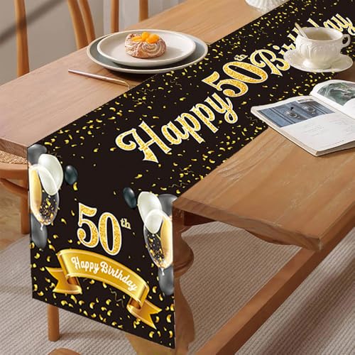 Glamifyr Tischläufer 50 Geburtstag Deko 50. Geburtstag Mann Frauen, Tischläufer Geburtstag Deko 50 Geburtstag Mann, Tischdeko 50 Geburtstag Mann Schwarz Gold Happy 50th Birthday Tischdeko, 180x35 cm von Glamifyr