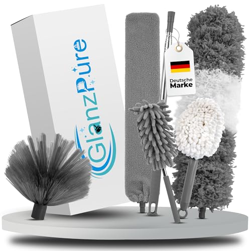 GlanzPure Teleskop Staubwedel Set 6tlg - Ausziehbar bis 2,5m, Waschbar, Kratzfrei, Mikrofaser, Grau-Weiß von GlanzPure