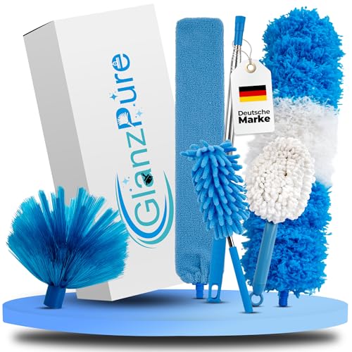 GlanzPure Teleskop Staubwedel Set 6tlg - Ausziehbar bis 2,5m, Waschbar, Kratzfrei, Mikrofaser, Blau-weiß von GlanzPure