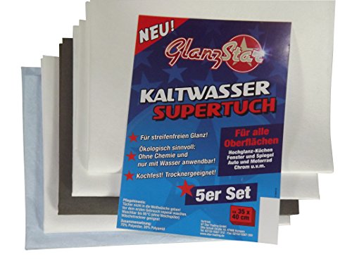 GlanzStar Kaltwasser Supertuch Streifenfrei Kochfest 5er Set Fenster + Glastuch von GlanzStar