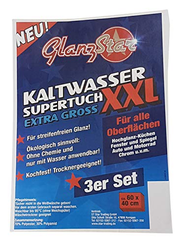 GlanzStar Kaltwasser Supertuch XXL Kochfest 3er Set, Fenster + Glastuch 60x40cm von GlanzStar