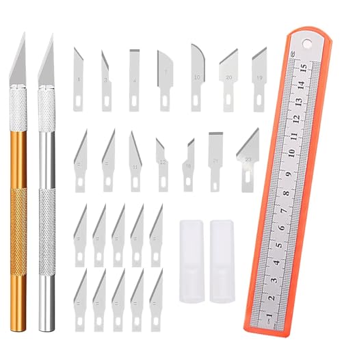 Skalpell Schnitzmesser mit Schutzkappe, 2 Stück Skalpell mit 23 Ersatzklingen, Bastelmesser Cuttermesser Hobbymesser, Carving Craft Messer Cutter Set für DIY Kunst Arbeiten Schneiden - Gold & Silber von Glanzend