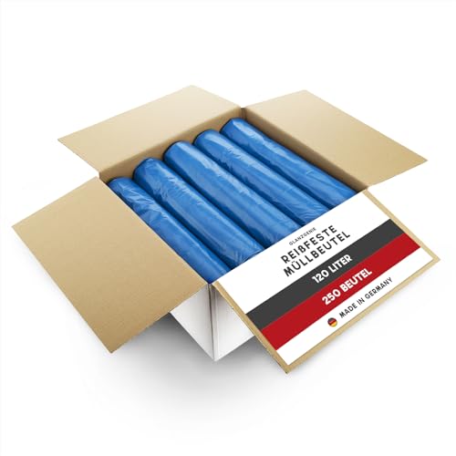 Glanzgenie 250 Stück reißfeste Müllsäcke 120 L, 42 μm | Typ 70 | 10 Rollen à 25 Stück| XXL Abfallbeutel - 700x1100mm | LPDE, blau | praktische Abfallsäcke leichte bis mittlere Entsorgungsaufgaben von Glanzgenie
