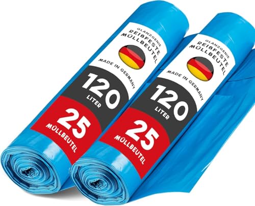 Glanzgenie 50 Stück reißfeste Müllsäcke 120 L, 79 μm | Typ 100 | extra stark & reißfest | 2 Rollen à 25 Stück | XXL Abfallbeutel - 700x1100mm | LPDE, blau | Müllentsorgung Haushalt, Garten, Gewerbe von Glanzgenie