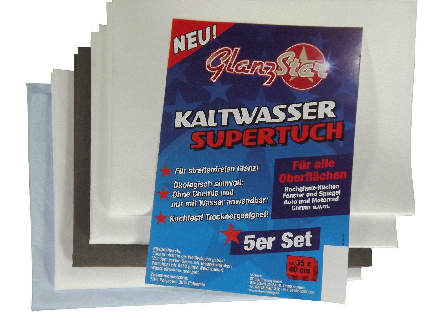 Glanzstar Kaltwasser Supertuch 5er Set ca. 35x40cm Mikrofasertuch (70% Polyester 30 % Polyamid, 5er Set, ohne Chemie einfach nur mit kaltem Wasser streifenfrei reinigen) von Glanzstar