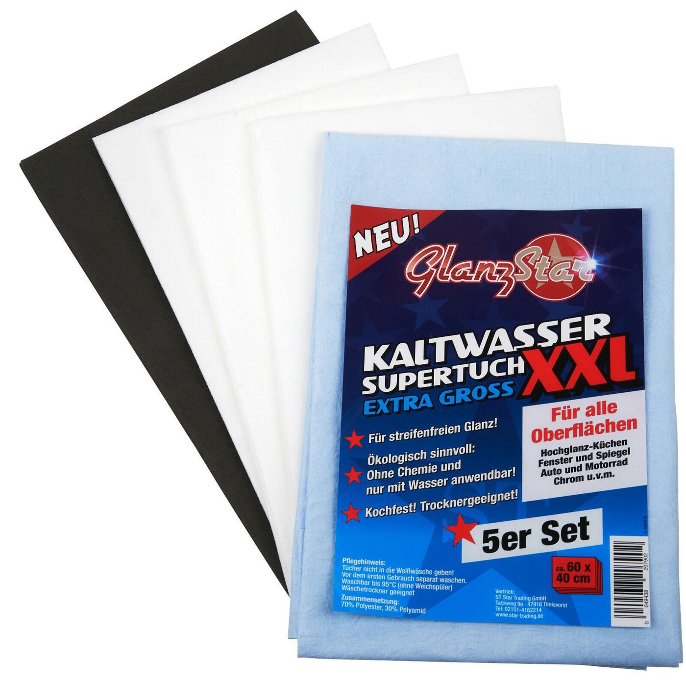 Glanzstar Kaltwasser Supertuch 5er Set XXL-60x40cm- Mikrofasertuch (70% Polyester 30% Polyamid) von Glanzstar