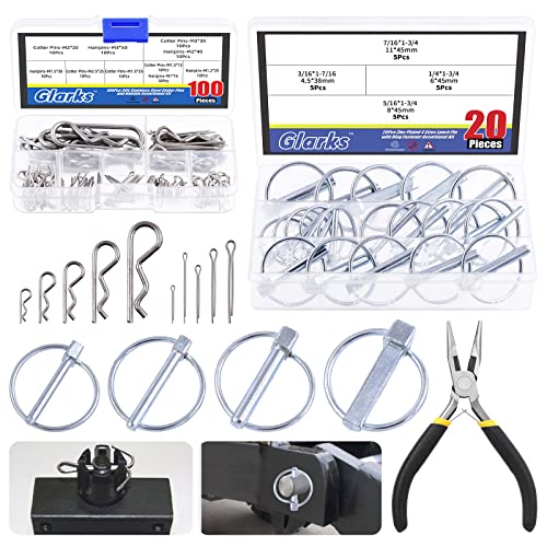 Glarks 121 Stück robuste Lynch Pins und Splinte mit R-Clips-Set Karbonstahl Linch Pins und 304 Edelstahl Splinte Haarnadeln mit Spitzzange für Automobil, Autos und LKWs von Glarks
