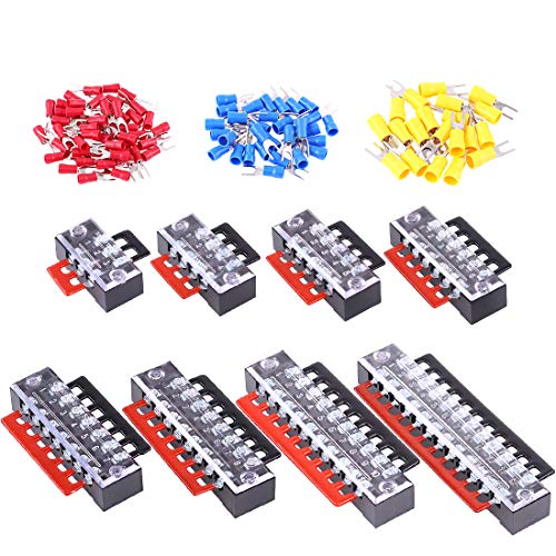 Glarks 124Pcs(8Sets) Terminal Block Set, 8Pcs 3 4 5 6 7 8 10 12 Positions 600V 15A Dual Row Screw Terminals Strip + 16Pcs Pre-Insulated Barrier Strips + 100Pcs Insulated Fork Wire Connector von Glarks