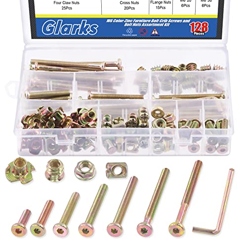 Glarks 128Pcs M6x20/30/40/50/60/70/80mm Baby Bed Crib Screws Bolts Kit Hex Socket Head Cap Screw with Barrel Nuts, Threaded Insert Nuts, T-Nut, Flange Nut and Allen Wrench for Wood Furniture von Glarks