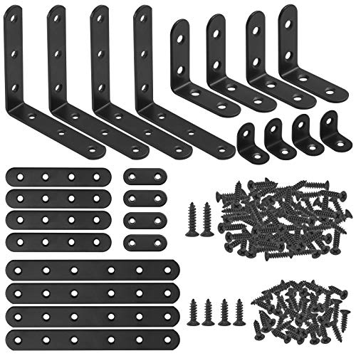 Glarks 134-teiliges schwarzes Eckstreben-Set, 24 L-förmige Halterungen und flache Halterung, Metallgelenk-Plattenbefestigung, mit 110 Schrauben für Holz, Stühle, Bücherregale, Möbel, Schränke von Glarks