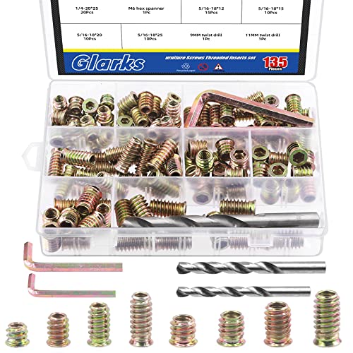 Glarks 134Pcs 1/4"-20 5/16"-18 Furniture Screw in Nut Threaded Inserts Assortment Kit, 10/12/15/20/25mm Wood Inserts Bolt Fastener Connector Hex Socket Drive with Twist Drill and Hex Wrench Set von Glarks