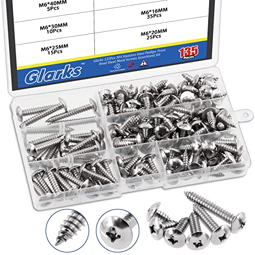 Glarks 135 Stück M6 x 12 mm/16 mm/20 mm/25 mm/30 mm/40 mm 304 Edelstahl Phillips Traversenkopf Blech Tek Schrauben Sortiment Kit, 6 Größen metrischer Flachkopf, selbstschneidende Holzschrauben Set von Glarks