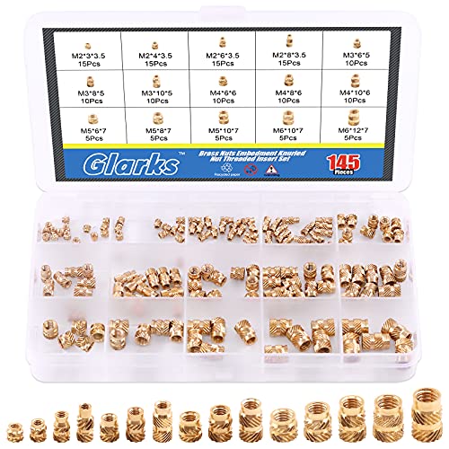 Glarks 145 Stück M2 M3 M4 M5 M6 Innengewinde Rändelmuttern Messing Gewindeeinsatz Einbettmuttern Sortiment Kit für 3D-Drucker von Glarks