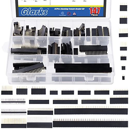 Glarks 147 Stück 2,54 mm Pitch Doppel-/einreihige weibliche Header Kit lange und kurze Nadel Stapelbuchse und 2 x 20 Pin gerade und 90 Grad gebogene Stiftleiste für Arduino Prototype Shield von Glarks