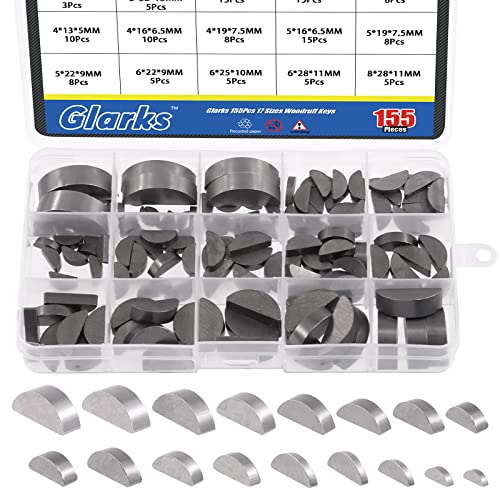 Glarks 155 Stück 17 Größen Woodruff Keys Sortiment Kit Kohlenstoffstahl Holzschlüssel Halbrundschlüssel Metrisches Set für Befestigungselemente Mechanische Industrie von Glarks