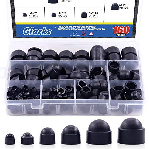 Glarks 160 schwarze Bolzenabdeckungen Schraubenkappen Sortiment Kit, M4 M5 M6 M8 M10 M12 Nylon-Schutzkappen zum Schutz von sechseckigen Schrauben und Bolzen (schwarz) von Glarks