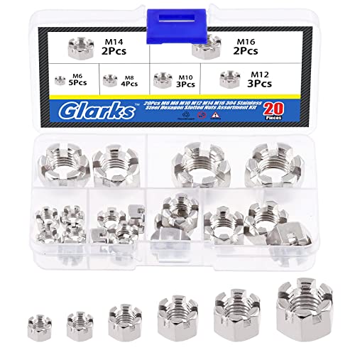 Glarks 20 Stück M6 M8 M10 M12 M14 M16 304 Edelstahl Sechskant Schlitzmuttern Sortiment Kit, 6 Größen Schlossmuttern für Auto Moto Möbel Befestigungen Reparatur von Glarks