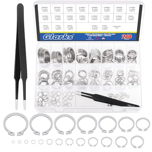 Glarks 211Pcs 21 Größen C-Clip Externe Halteringe Sortiment Set, 304 Edelstahl 4MM-28MM Snap Ring Shop Sortiment Circlip Halterringe mit einer Pinzette von Glarks